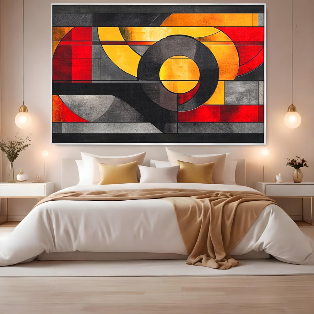 Tablou canvas cu tablou canvas cu forme geometrice abstracte, in rama de aluminiu argintiu, pe perete intr-un dormitor
